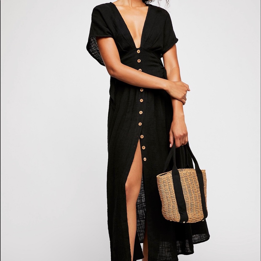 ✨ Free people black short sleeve endless summer jacinta dress bow button up